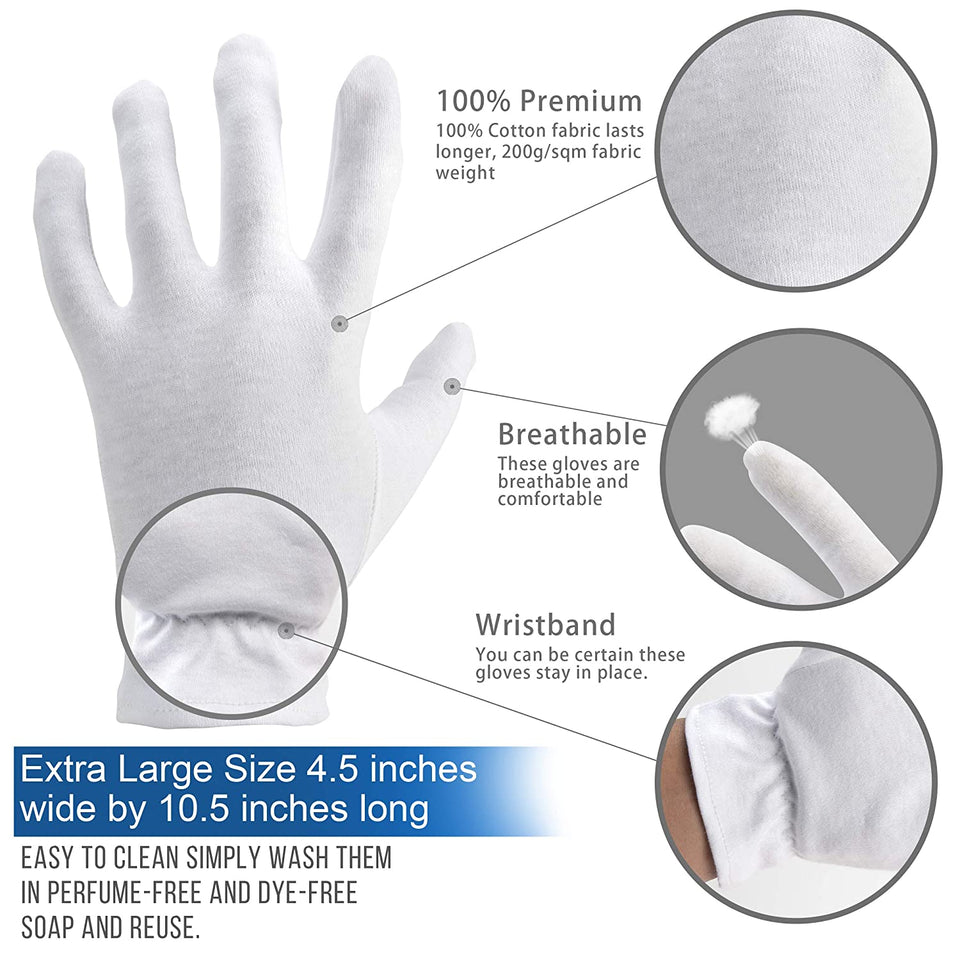 Extra Large, XL Moisturizing White Gloves for Men Overnight Bedtime Cotton Cosmetic Inspection Premium Cloth Quality Eczema Dry Sensitive Irritated Skin Spa Therapy Secure Wristband