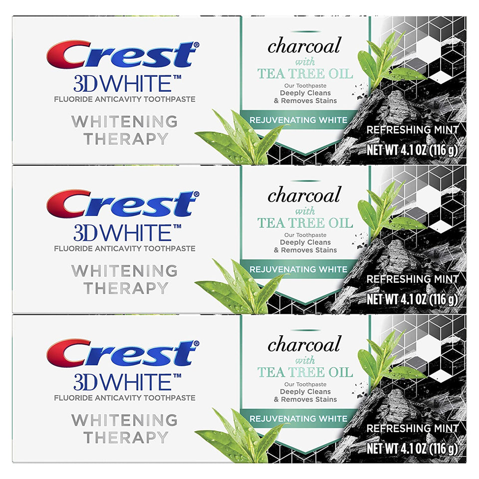 Crest Charcoal 3D White Toothpaste, Whitening Therapy, with Tea Tree Oil, Refreshing Mint flavor, 4.1 oz, Pack of 3