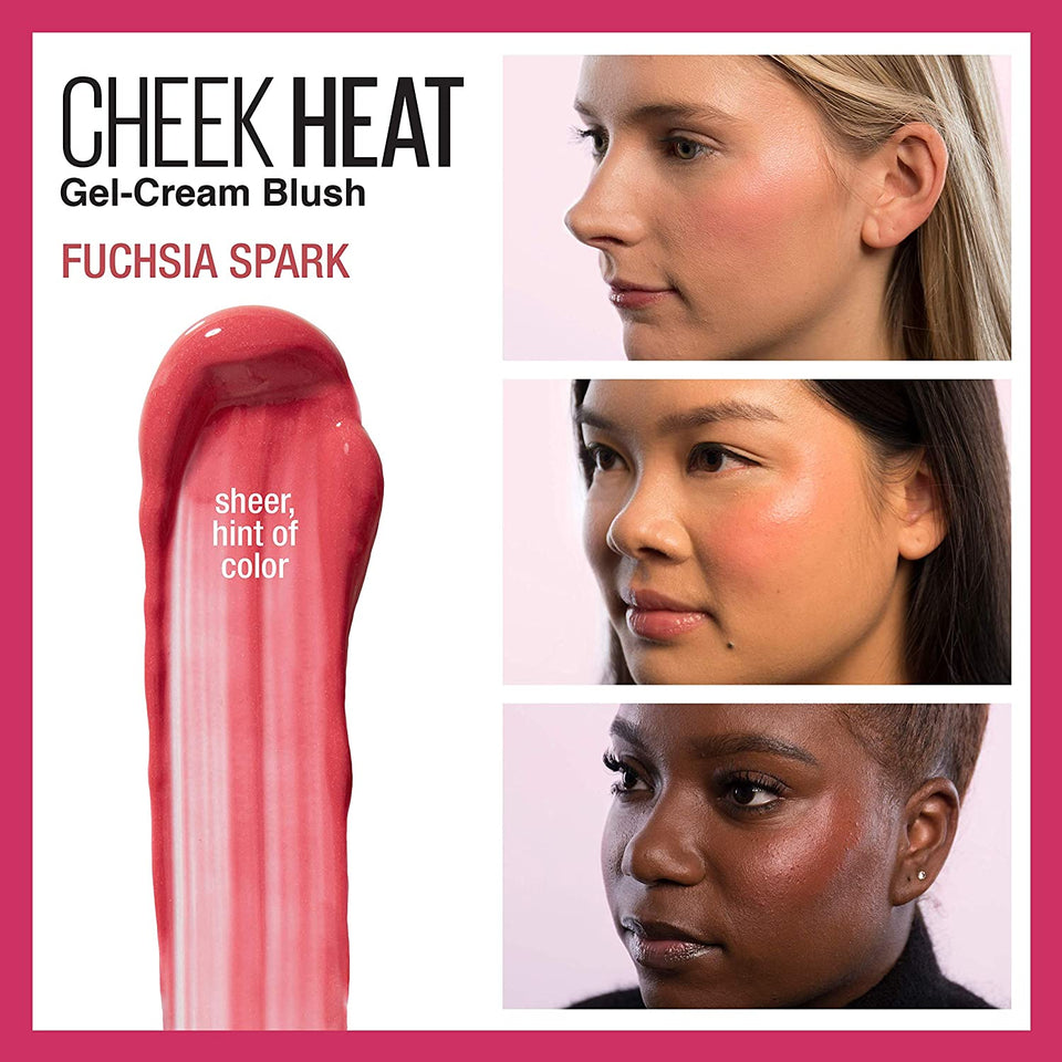 Maybelline Cheek Heat Gel-Cream Blush Makeup, Lightweight, Breathable Feel, Sheer Flush Of Color, Natural-Looking, Dewy Finish, Oil-Free, Fuchsia Spark, 0.27 Fl Oz
