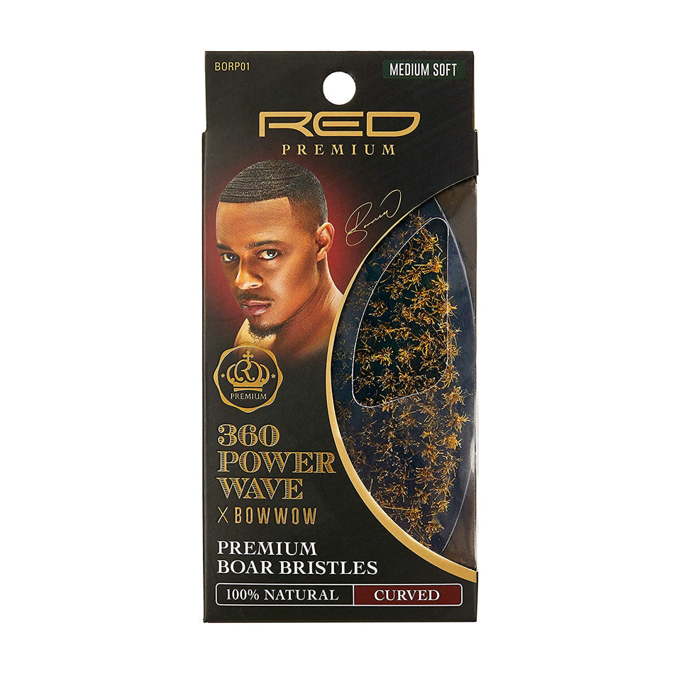 RED by KISS 360 Power Wave X Bow Wow Premium Boar Bristles 100% Natural Medium Soft (Curved Palm Brush - BORP01)