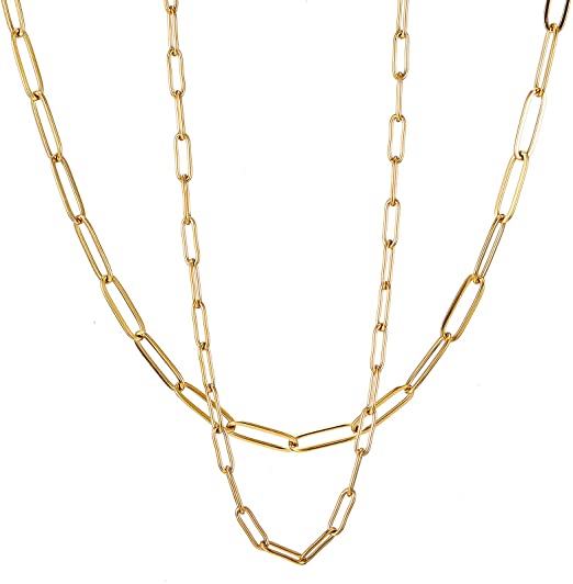 18k Gold Paperclip Chain Link Necklace Dainty Paperclip Link Chain Layered Necklace Oval Link Chains Initial Necklaces Set for Women Girls